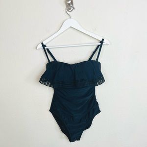 Kona Soul Black Ruffle Laser Cut Flounce Convertible One Piece Swimsuit